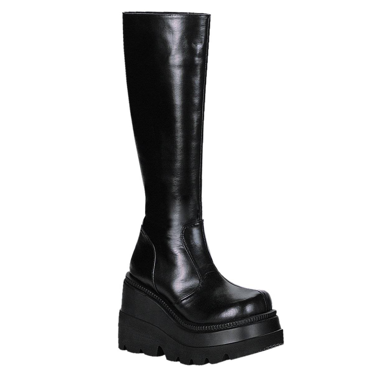 Demonia Shaker-100 Black Vegan Leather Ladies Knee High Boots South Africa Online ZA37425